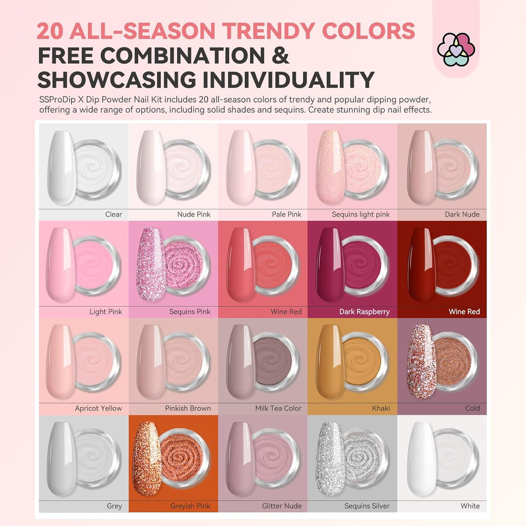 SAVILAND Dip Powder Nail Kit with Drill: 20 Colors All Season Nude Pink Keratin Dip Nails Powder Starter Kit with Dip Base Activator Top Coat Brush Saver for French Nail Art Manicure Home DIY