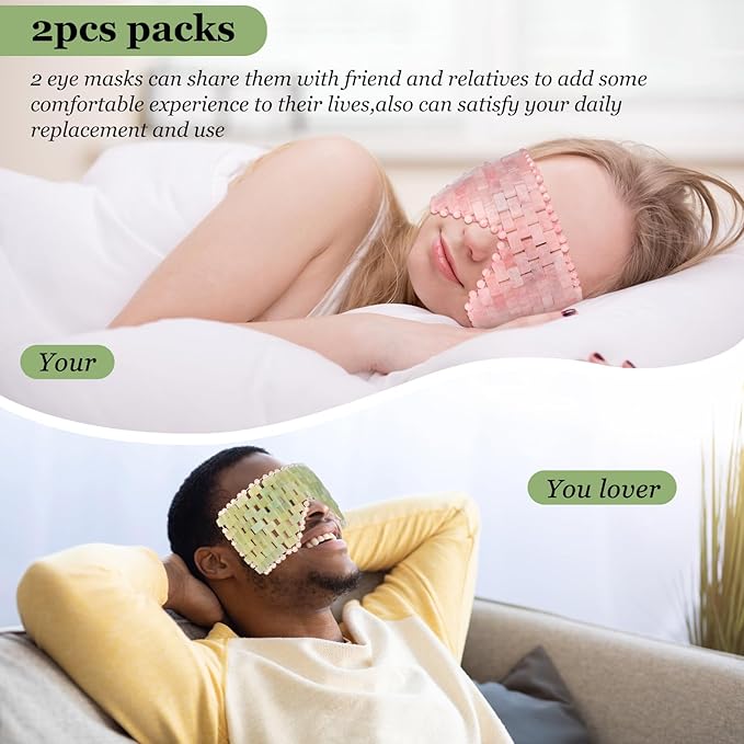 Natural Jade Eye Mask and Rose Quartz Eye Mask Set - Soothing & Relaxing Alleviate Puffiness and Migraines with Cooling and Warming Therapy (2 Pcs)