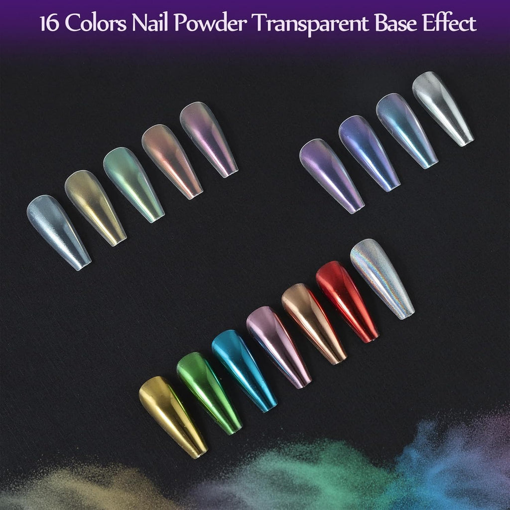Artdone 16 Colors Chrome Nail Powder, Iridescent Aurora Chameleon Powder Metallic Mirror Effect Pigment Pearlescent Mermaid Pigment Pearl Glitter Dust Kit, Nail Art Decoration, Resin Craft