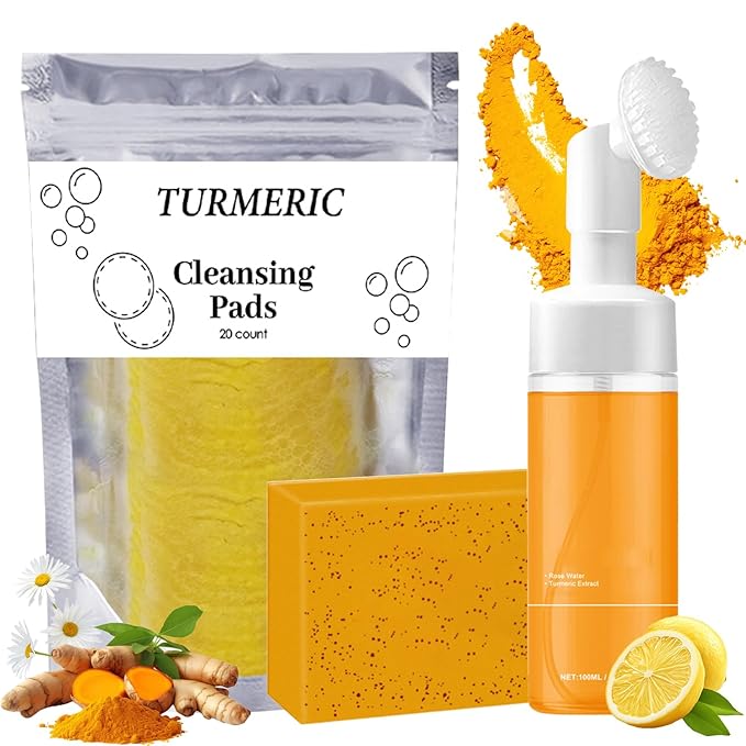 Turmeric Wash and Care Three Piece Set, Tuemeric Facial Cleanser & TurmericSoap Bar & Turmeric Face Scrub Pads, Turmeric Cleansing Skincare Set for Face & Body, Deep Cleaning of the Skin