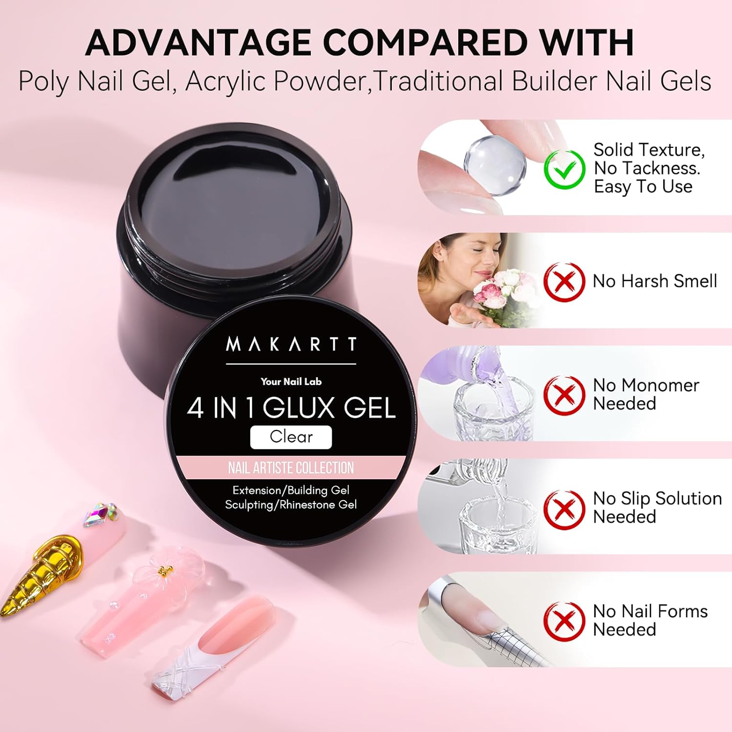 Makartt 3D Gel Nail Art: Solid Gel Builder for Nails Starter Kit, 30ml Clear for Extension 3D Sculpting Carving DIY Manicure, Molding Hard Gels with Gold & Silver Chrome Powder Silicone Molds & Brush