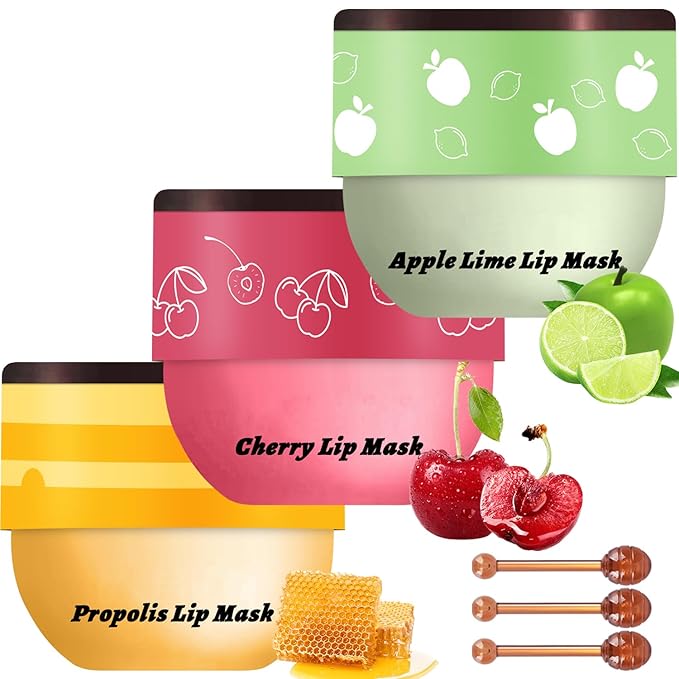 3 PCS Bee Lip Balm Mask Honey Pot, Watermelon, Cherry & Coconut Propolis Moisturizing, Hydrating Prevention for Dry and Cracked Lips, Scrubs Exfoliator (Cherry, Honey & Apple Lime)