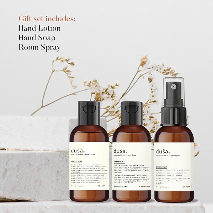 Dusa Grapefruit Gift Set: Room Spray Grapefruit Fragrance (2 oz), Premium Hydrating Hand Cream (2 oz), Soothing Hand Soap & Toile de Jouy Makeup Pouch – Ideal Luxurious Gift for Mothers Day