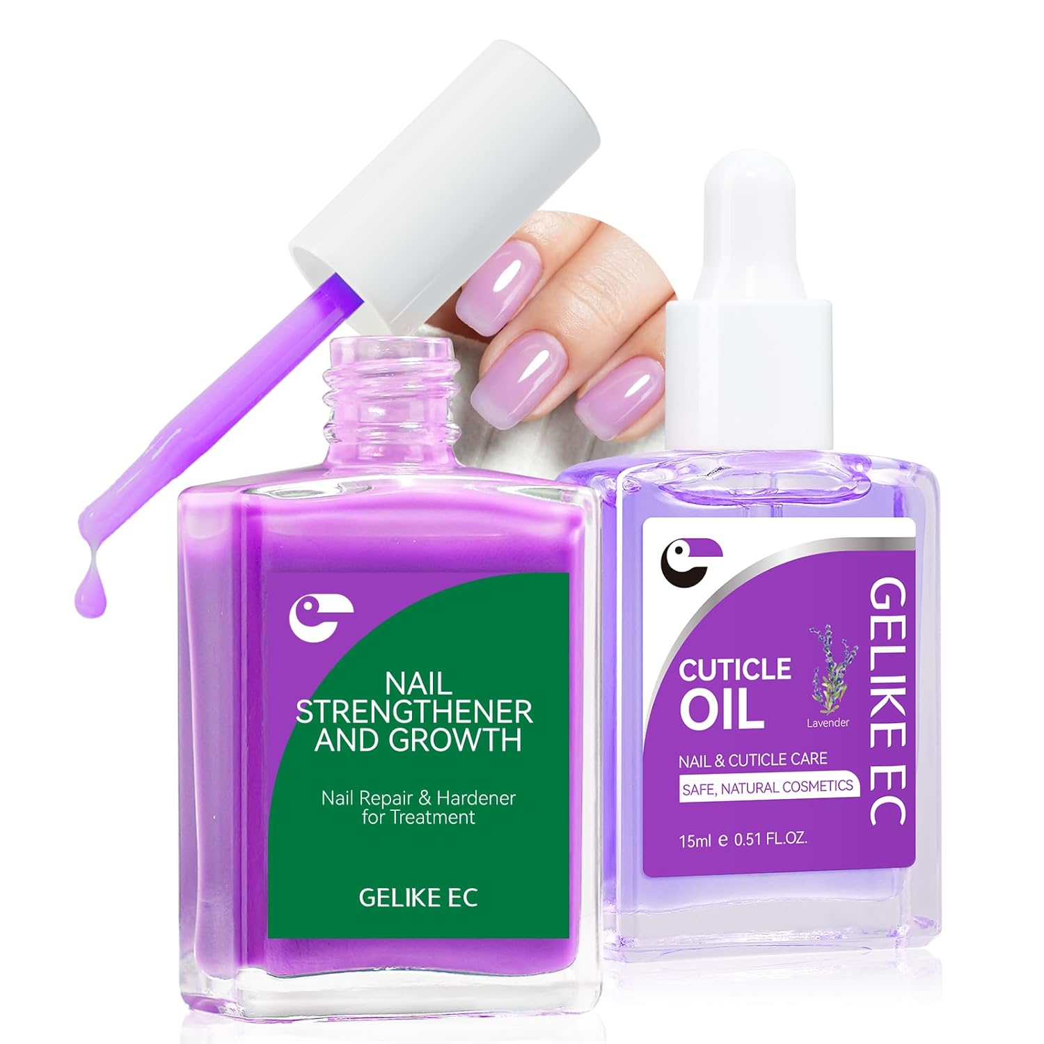 Gelike EC Nail Kit for Beginners: Purple Easy-Use nail polish strengthener & Lavender Oil for Thin Weak Nails - for Stress Relief - Repair Split Nails - Spa & Night Care Routine
