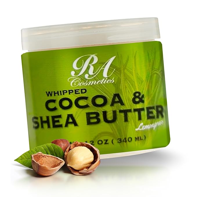 RA COSMETICS Whipped Cocoa & Shea Butter, Lemongrass - 12oz | 100% Pure & Natural Skin Moisturizer with Coconut Oil | Vitamin-Rich Body Butter for Soft, Supple, and Radiant Skin & Healthy Hairs