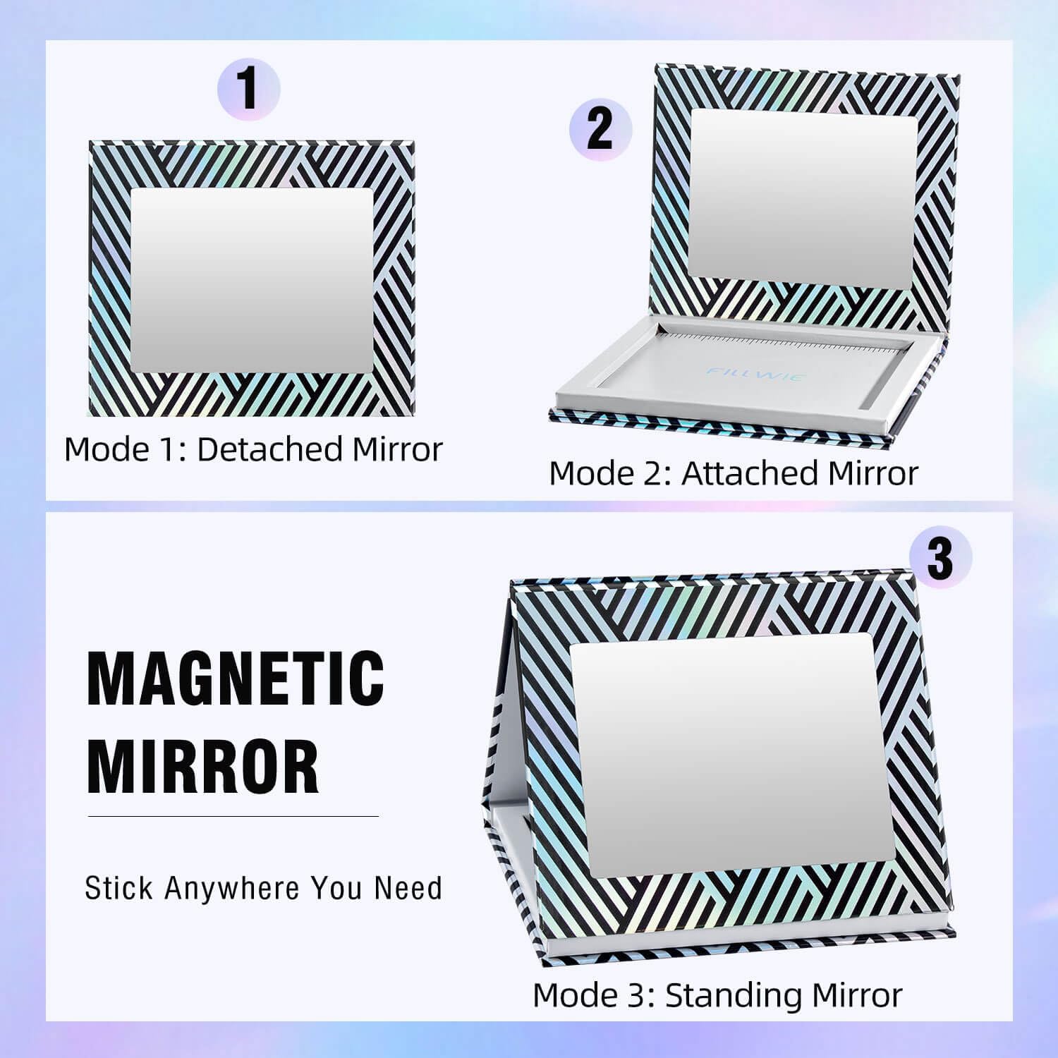 Empty Magnetic Makeup Palette with Mirror, Spatula, 20 Metal Stickers, Suitable for Eyeshadow Lipstick Blush Powder Highlighter and Contour, DIY Refillable, Holographic Stripes (Black, Medium)