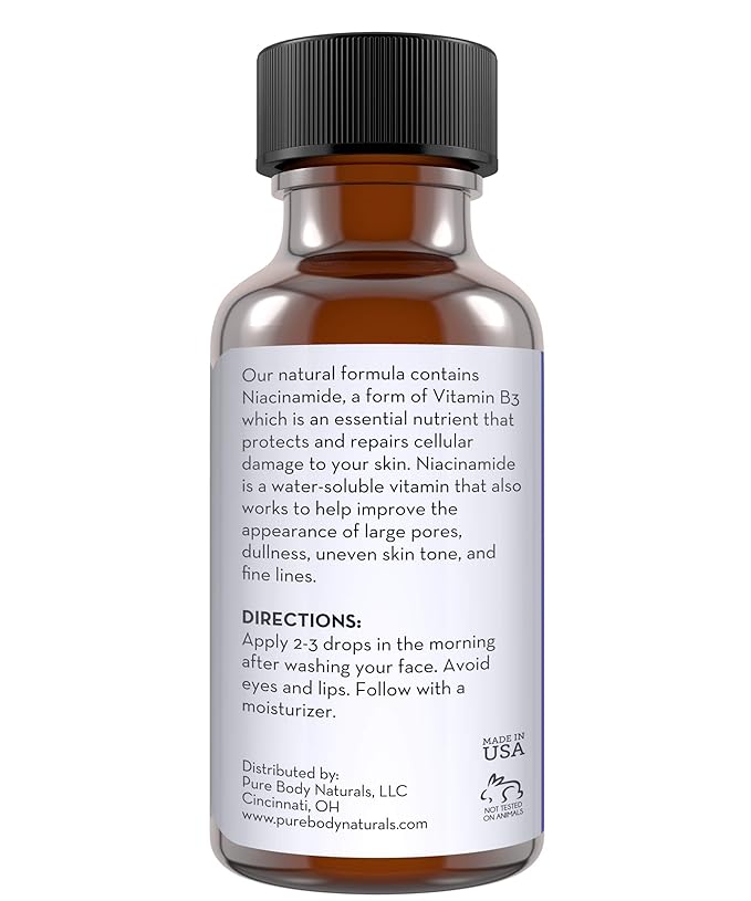 Pure Body Naturals Vitamin B3 Niacinamide Serum, 1 Fluid Ounce - Super Moisturizer Cream for A Younger Looking Face and Body - Pore Reducing Facial Lotion - Pure and Natural Ingredients