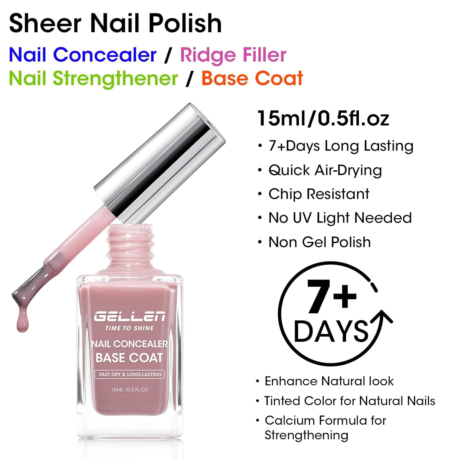 GELLEN 4-In-1 Dusty Purple Rose Illuminating Nail Concealer Base Coat Polish, Fall Sheer Mauve Nail Strengthener Ridge Filler for Nails, Smoothes Strengthens Nails, Quick Dry, Hema Free Non-toxic