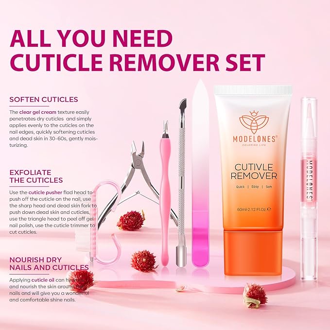 Modelones Cuticle Remover Kit - Cuticle Remover Cream & Cuticle Oil, Cuticle Care Kit w/Cuticle Trimmer Cuticle Pusher & Cuticle Nipper for DIY Nail Manicure, Removedor de Cuticula for Nail Care