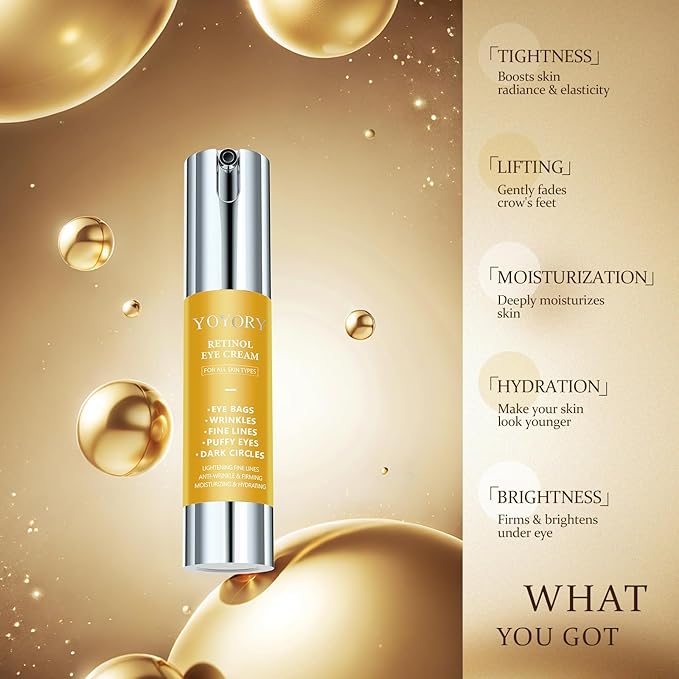 Retinol Under Eye Cream - Anti-aging Eye Cream for Eye Bags, Dark Circles, and Fade Wrinkles, Fine Lines Skin Care Treatment for Women and Men, Gold(0.67 Fl Oz)