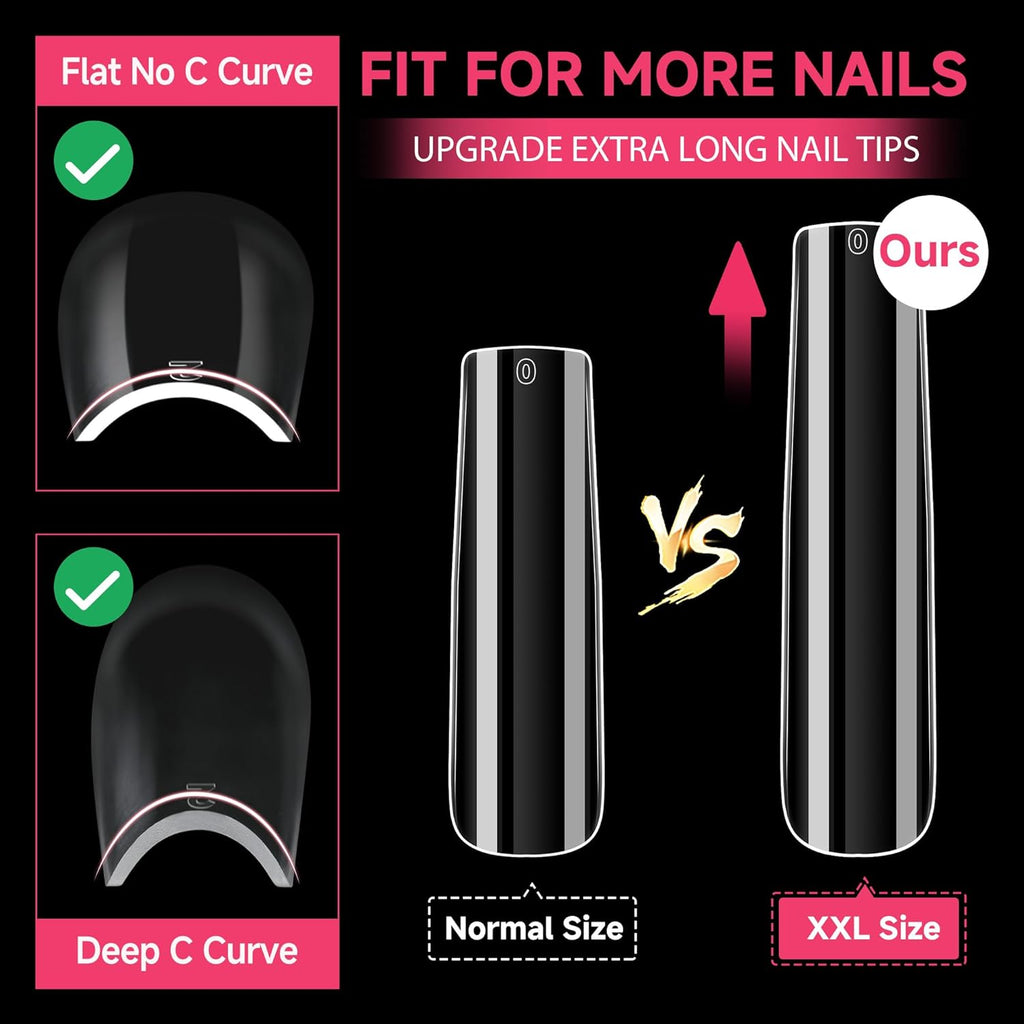 UNA GELLA XXL Long Square Nails Tips 216 PCS No C Curve Straight Nail Tips Full Cover Square Gel Tips Extra Long Nail Tips Clear False Fake Nails Gel Nail Extension for Nail Salon Home DIY 12 Sizes