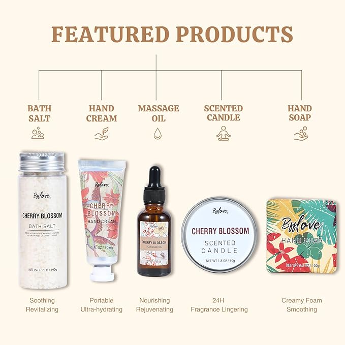 Gifts for Women BFFLOVE Gift Set for Women 5pcs Cherry Blossom Spa Set, Birthday Gifts for Her with Massage Oil, Scented Candle, Bath Salts, Hand Cream
