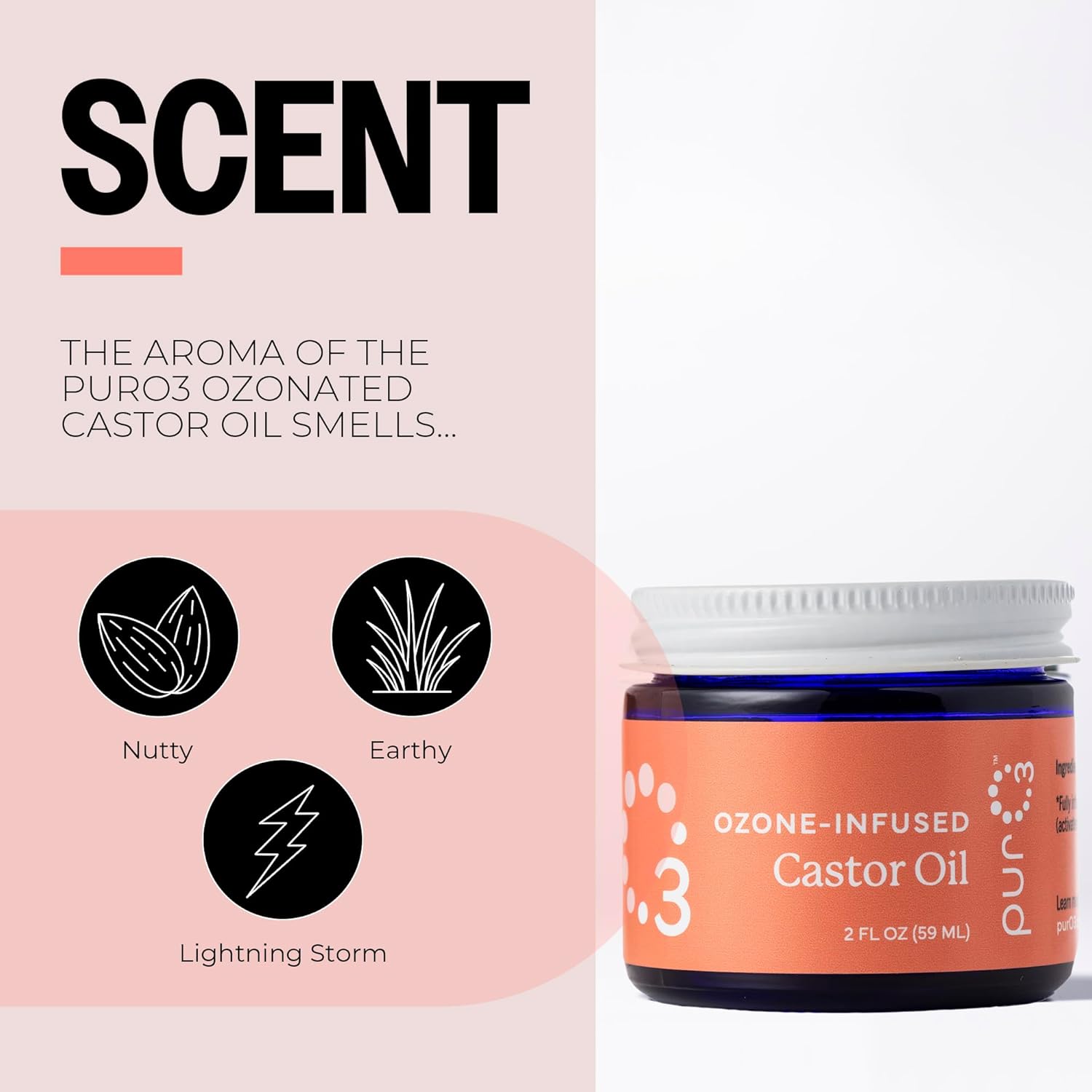 PurO3 Ozonated Castor Oil – Pure, Natural, Organic Skincare for Face & Body – Oxygenated Healing Lotion, Moisturizer & Beauty Cream in a Glass Jar – O3 Therapy Salve, 2 oz