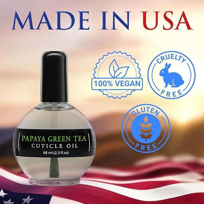 Moisturizing Cuticle & Nail Care Oil 2.3 Fl Oz - Papaya Green Tea Scented – Infused with Jojoba Oil, Aloe, Vitamin E – Nail & Cuticle Hydration, Repair, Moisturizer, Strengthener, Growth
