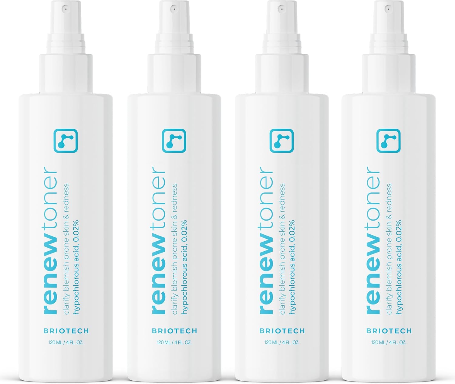 BRIOTECH Renew Toner, Hypochlorous Acid Spray, Minimize Appearance of Blemishes, Soothing Facial Mist for Sensitive Skin, Calm Redness & Bumps, Vegan, 4 fl oz (4 Pack)