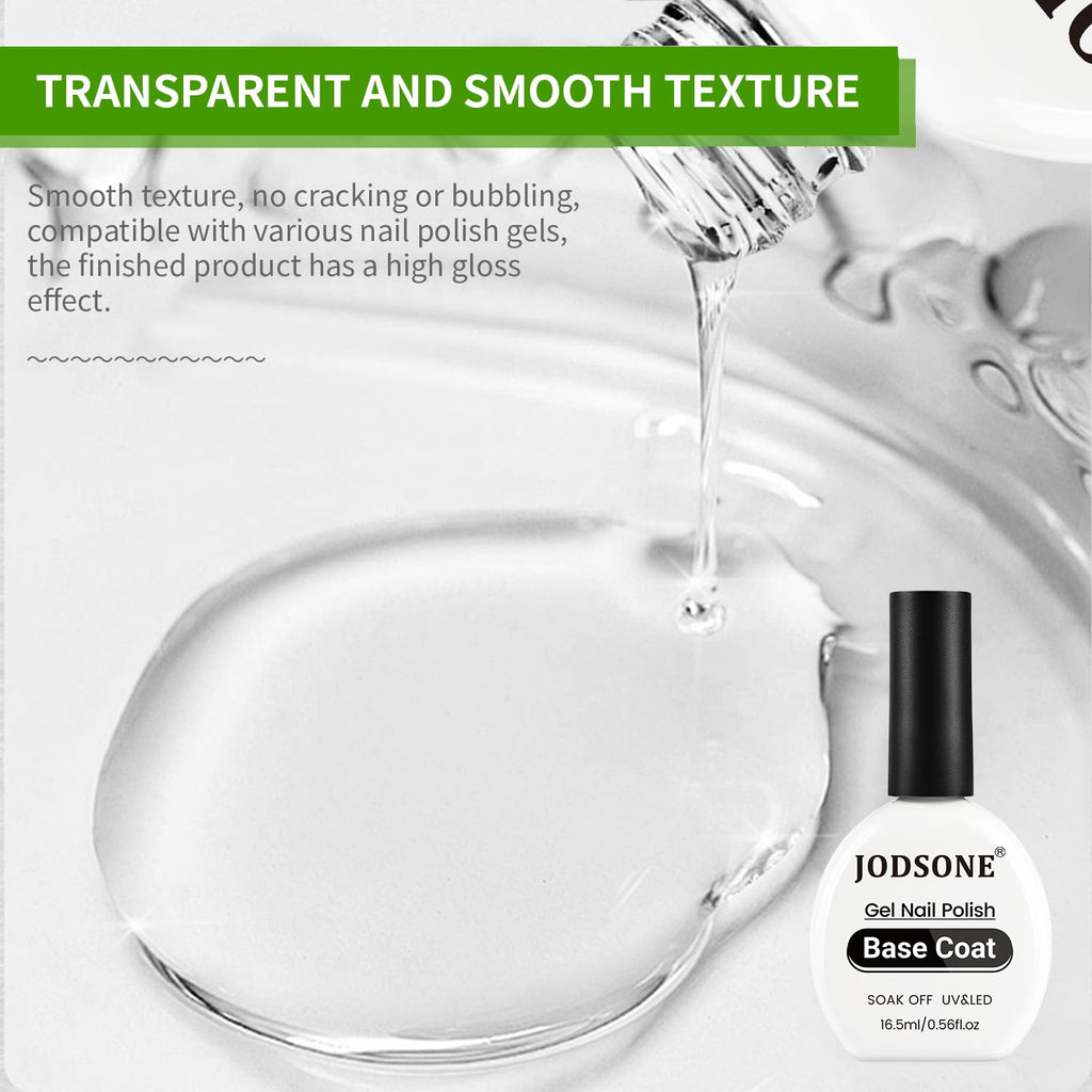 JODSONE 2Pcs 16.5ml Top Coat Base Coat Gel Polish Set No Wipe Clear Long Lasting Need U V Lamp Cured at Home DIY Nail Salon Girl Gift