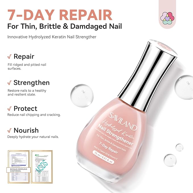 SAVILAND Advanced Nail Strengthener: Nude Air Dry Natural Concealer Foundation Polish Nail Growth for Damaged Nails Repair Weak & Thin Nails Fingernail Strengthening 15ml Women Gift