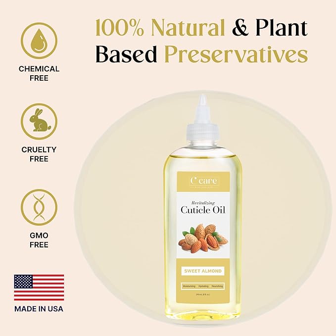 C CARE Sweet Almond Cuticle Oil For Nails - Repairs Cuticles Overnoght - Moisturizes and Strengthens Nails and Cuticles - 8oz