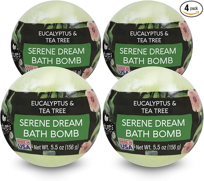Nature's Beauty Eucalyptus & Tea Tree Bath Bomb Multi-Pack- Natural Hand Crafted, Non-Staining, Luxury Fizzy Spa Bomb, Sooth + Restore Skin, Made w/Coconut Oil & Witch Hazel, 5.5oz (4 Pack)