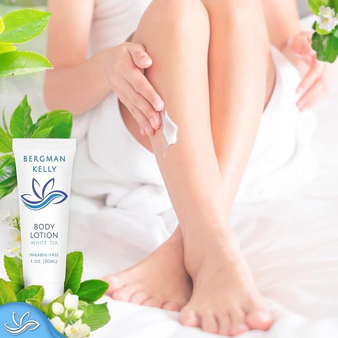 BERGMAN KELLY - Travel Size Lotion - 1 fl oz, 50 PK, White Tea - Delight Your Guests with Invigorating and Refreshing Body Lotion - Quality Mini and Small Size Guest Hotel Toiletries in Bulk