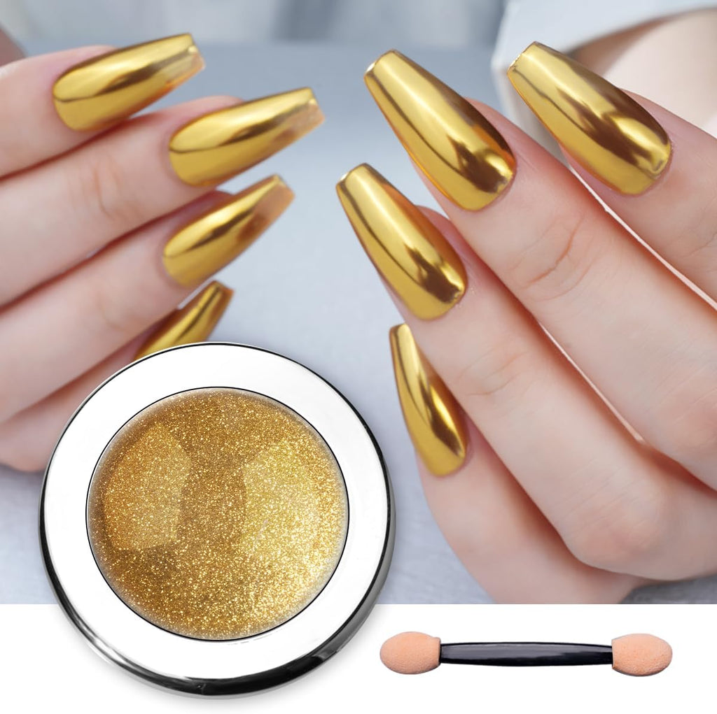 PrettyDiva Chrome Nail Powder - Gold Mirror Effect Nail Chrome Powders, Highlight Metallic Chrome Powder for Nail Art Pigment Chrome Powder for Nails (gold, 1g)