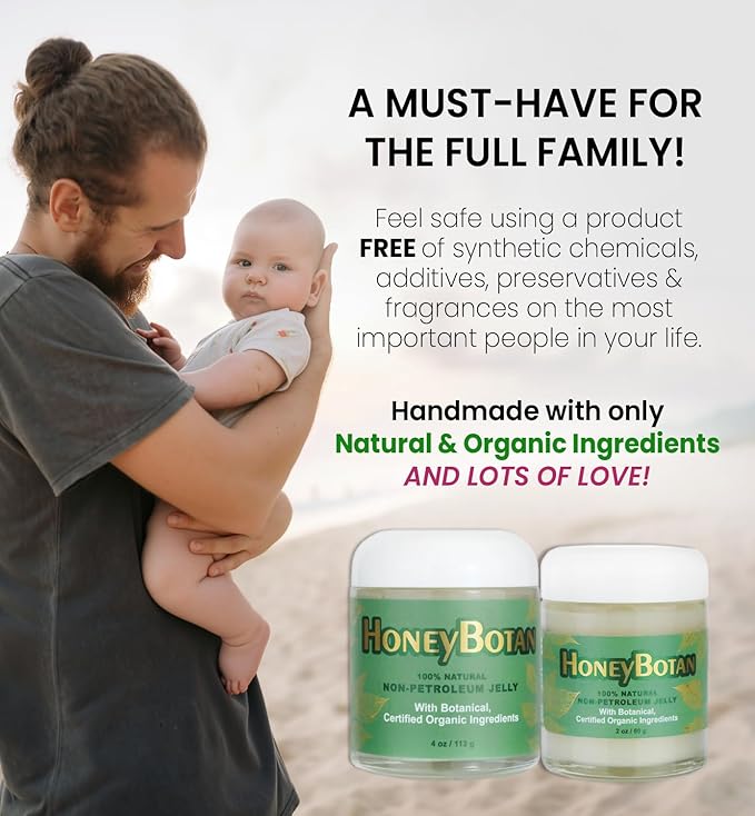HoneyBotan - 100% Natural Unpetroleum Skin Balm with Organic Ingredients - Petroleum Jelly Alternative for Lips, Hands, Baby Care, Makeup Remover, and More (4 Ounce)