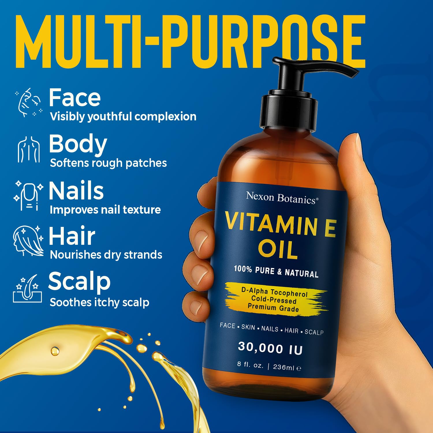 Pure Vitamin E Oil 30,000 IU, 8 fl oz - Cold-Pressed, Hexane Free, Natural Moisturizer for Skin & Face - Supports Scar & Stretch Mark Care by Nexon Botanics