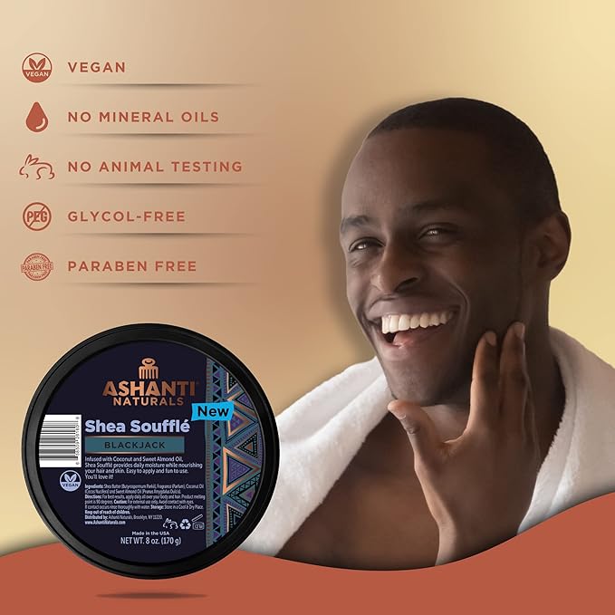 Scented Whipped Shea Butter | African Body Butter for Men w/Coconut and Almond Oil (Blackjack Souffle, 8 oz)