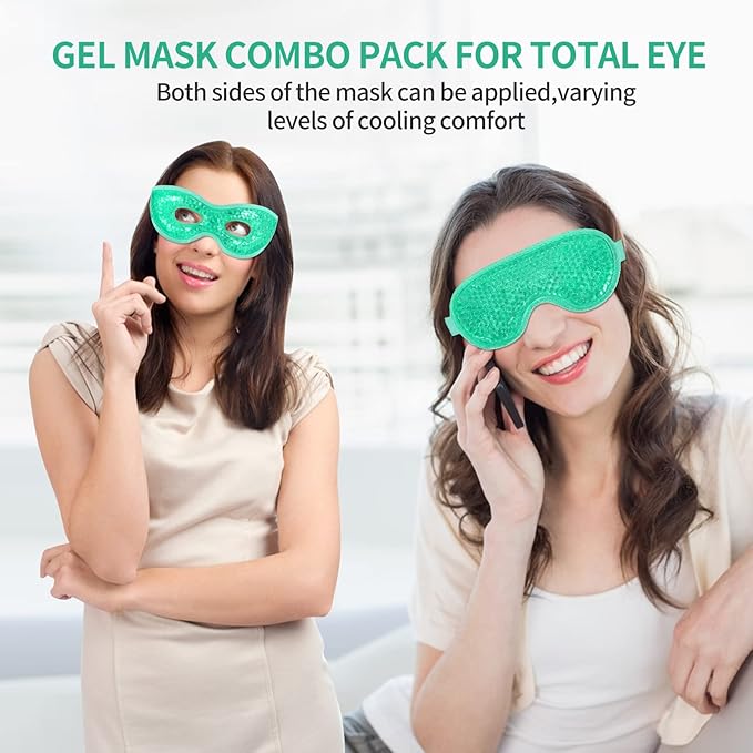 2PCS Gel Eye Mask - Reusable Hot/Cold Therapy Gel Bead Mask for Puffiness, Dark Circles, Headaches, & Stress Relief, Cooling/Heating Eye Compress (Green)