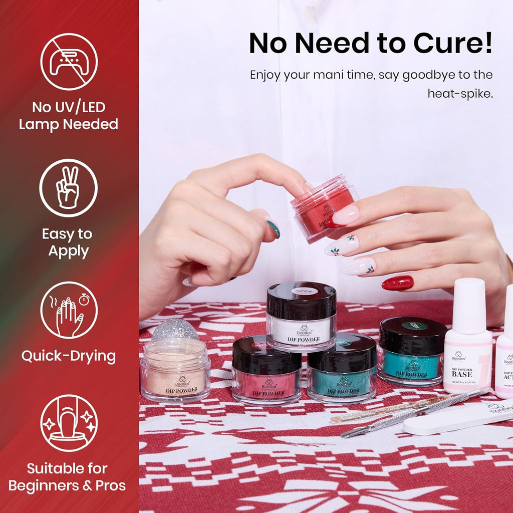 Beetles Christmas Dip Powder Nail Set 6 Colors Red Green Glitter Silver Gold Dipping Powder Starter Kit Manicure DIY Salon for Women No Nail Lamp Needed Glossy Xmas Party