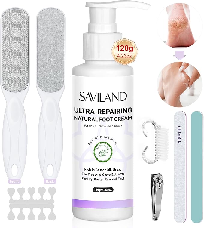SAVILAND Ultra-Repair Foot Cream Spa Pedicure Kit: 2024 Natural Tea Tree Castor Oil Foot Lotion for Dry Cracked Heels Feet Care Kit Foot File Callus Remover Dead Skin Removal Home Use