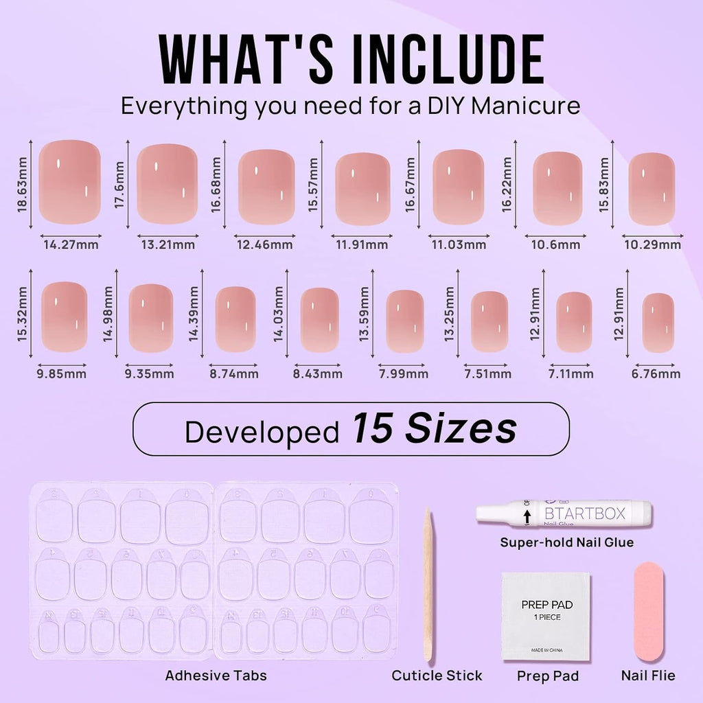 BTArtbox Press On Nails Short - Nude Square Nail Tips Glue On Nails, Reusable Stick On Nails in 15 Sizes - 30 Soft Gel Fake Nails Kit, Cinnamon