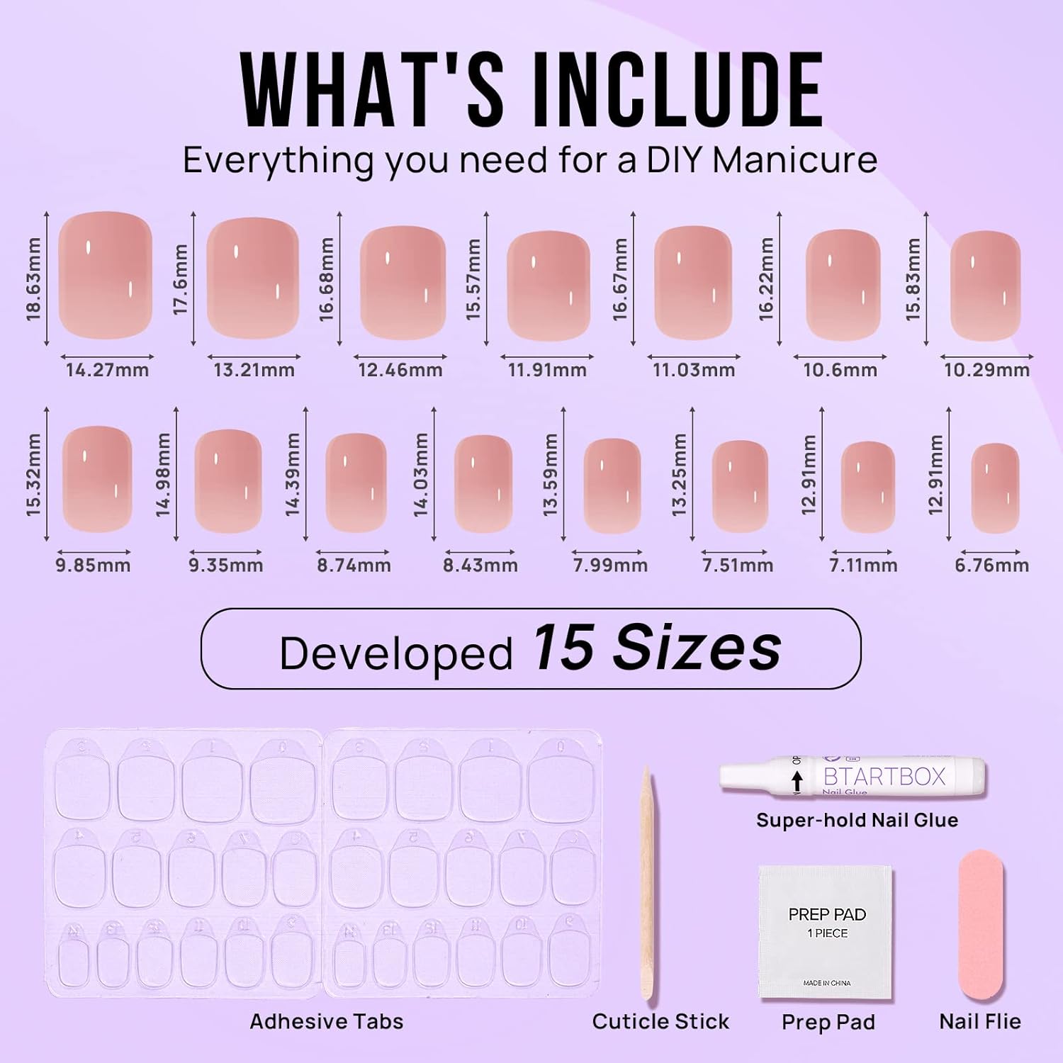 BTArtbox Press On Nails Short - Nude Square Nail Tips Glue On Nails, Reusable Stick On Nails in 15 Sizes - 30 Soft Gel Fake Nails Kit, Cinnamon