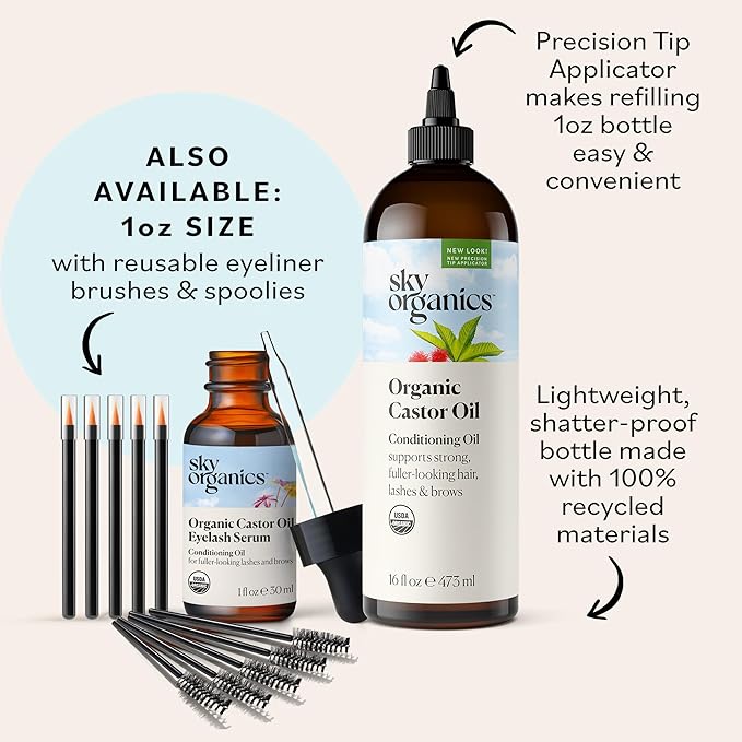 Sky Organics Organic Castor Oil for Hair, Lashes & Brows 100% Pure & Cold-Pressed USDA Certified Organic to Strengthen, Moisturize & Condition, 16 fl. Oz