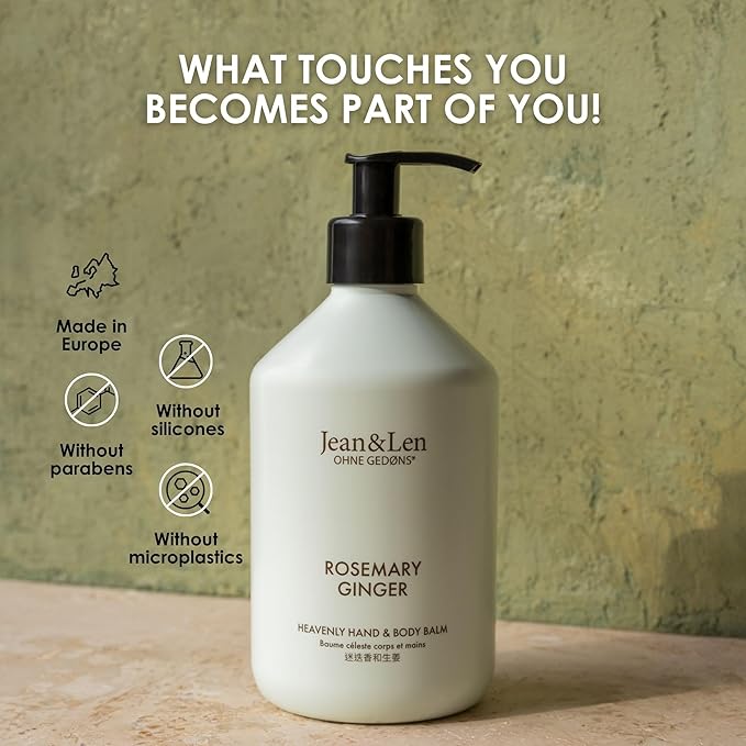 Jean & Len Heavenly Hand & Body Balm Rosemary & Ginger, for a fragrant care experience, with organic argan oil and shea butter, minimalistic bottle, without parabens & silicones, 16.91 Fl. Oz.