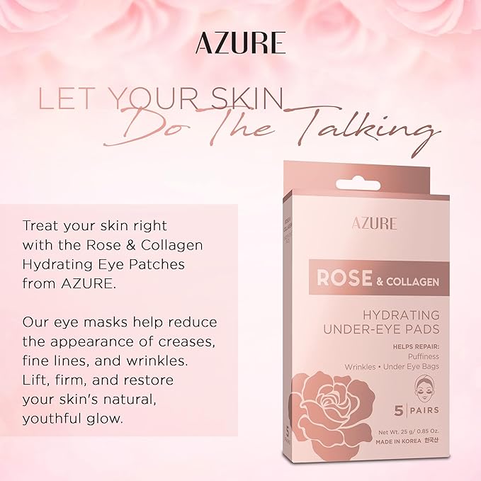 AZURE Rose & Collagen Hydrating Under Eye Pads - Anti Aging, Revitalizing & Moisturizing Eye Mask Patches - Reduces Fine Lines, Wrinkles, Dark Circles & Puffiness - Skin Care Made in Korea - 10 Pairs