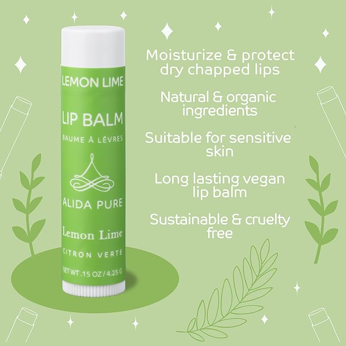 Lemon Lime Lip Balm Collection, Vegan Lip Balm Set, Bees Wax Free, Avocado Oil, Organic Jojoba Oil, Vitamin E, Moisturizer For Dry Cracked Lips, 3 Tubes per Set