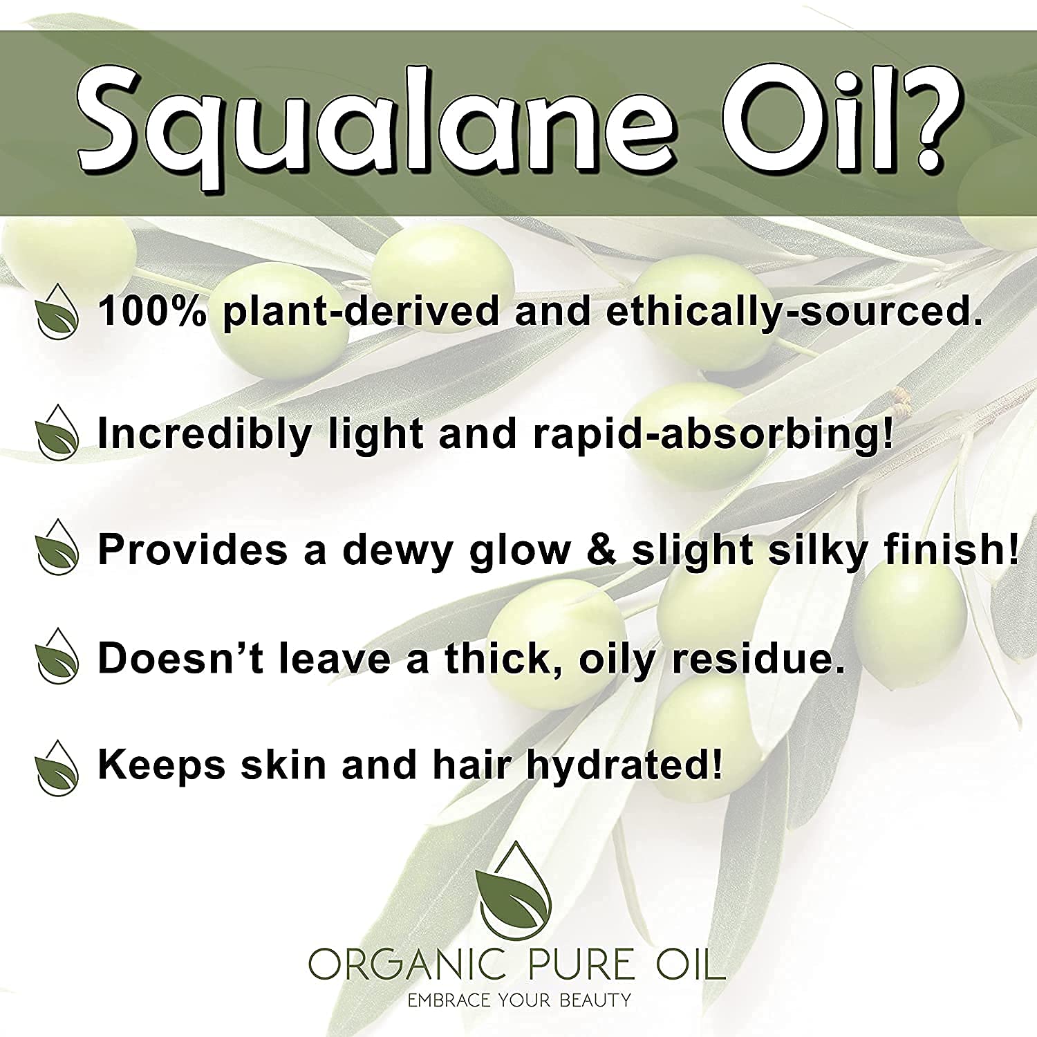 OPO Squalane Oil - Pure, Natural, Plant-Derived, Non GMO, Refined - 16 oz - Squalene Alternative, from Olive - Ultra Hydrating & Moisturizing Carrier Oil - hexane free, cold pressed