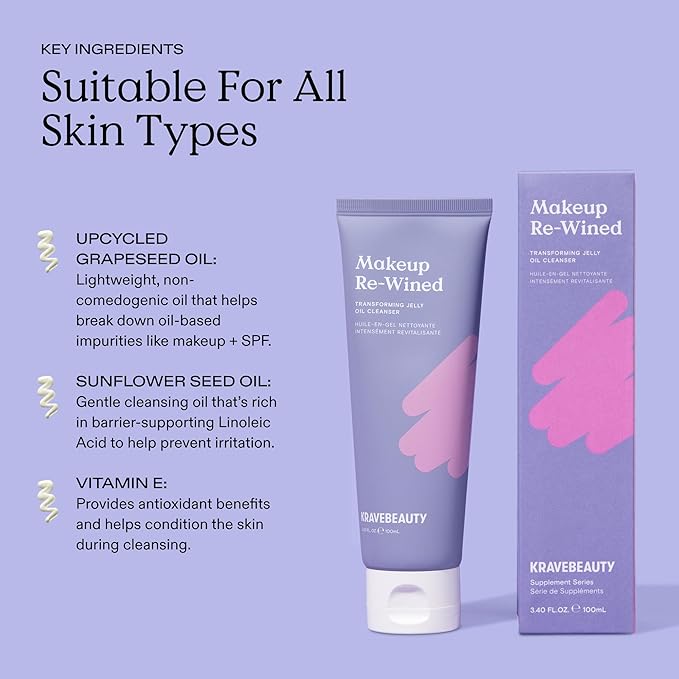 KraveBeauty Makeup Re-Wined, Transforming Jelly Oil Cleanser, Removes Makeup & Impurities, Suitable For All Skin Types, Vegan & Cruelty Free, 3.40 fl oz, pack of 1