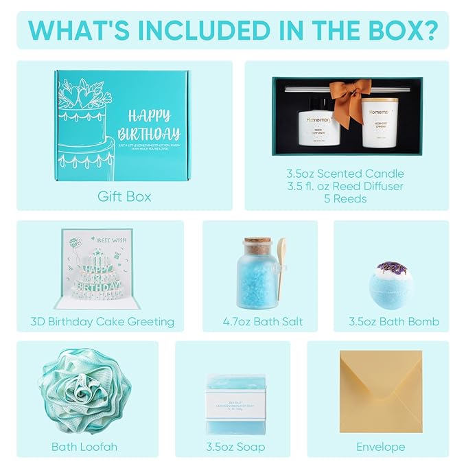 Homemory Gift Women Birthday Bath Sets Body Self Care, Best Spa Basket Christmas Scented Candle & Reed Diffuser Kit Mom Friends Sister With 3D Card (Blue)