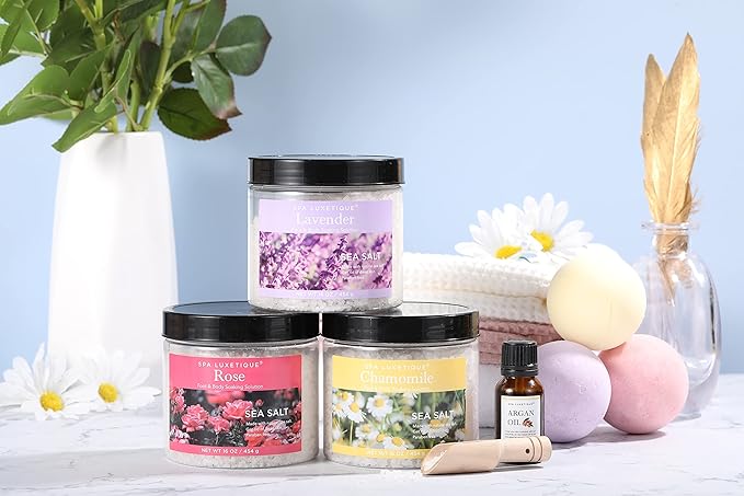 spa luxetique Bath Salts, 8pcs Bath Salts Gift Set with Argan Oil, Bath Bombs, Wooden Scoop, Epsom Salt for Soaking in Lavender, Rose, Chamomile Scent, Mother's Day Gifts