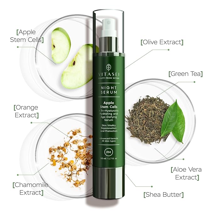 PM Night Serum W/Apple Stem Cells, Shea Butter, Green Tea, Chamomile Extract, Orange, Olive & Aloe Vera for Face - Retinol Anti-Aging & Moisturizing Facial Serum for Women - 1.7 Fl oz