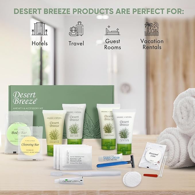Desert Breeze Amenity & Accessory Kit | 1 oz Travel Size Shampoo, Conditioner, Lotion, Body Wash, Body Bar, Cleansing Bar, Shave & Dental Sets, Make-Up Remover Wipes, & Vanity Kit | 15 sets per case