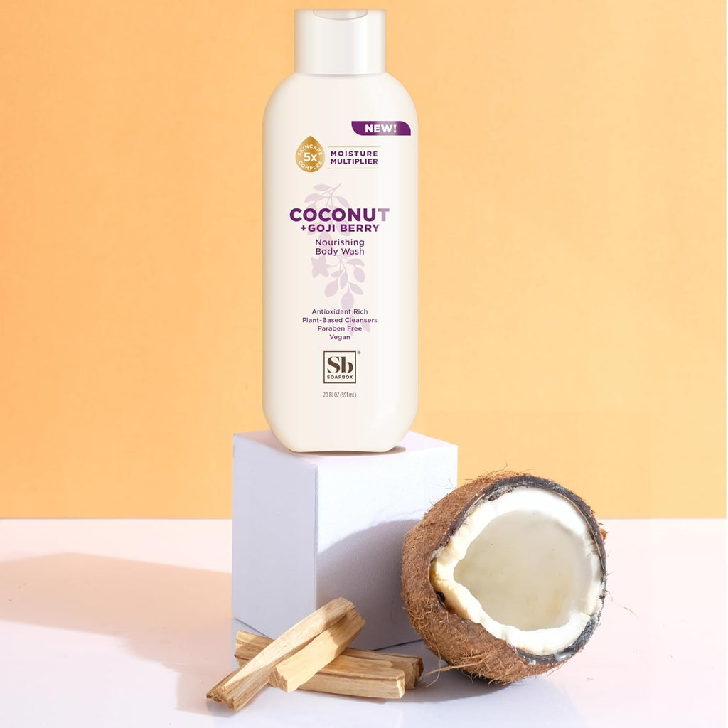 Soapbox Body Wash, Coconut & Goji Berry Liquid Body Wash, Moisturizing Soap with Shea Butter, Vegan Duo Pack of 2 Soap Bottles, 20oz Each