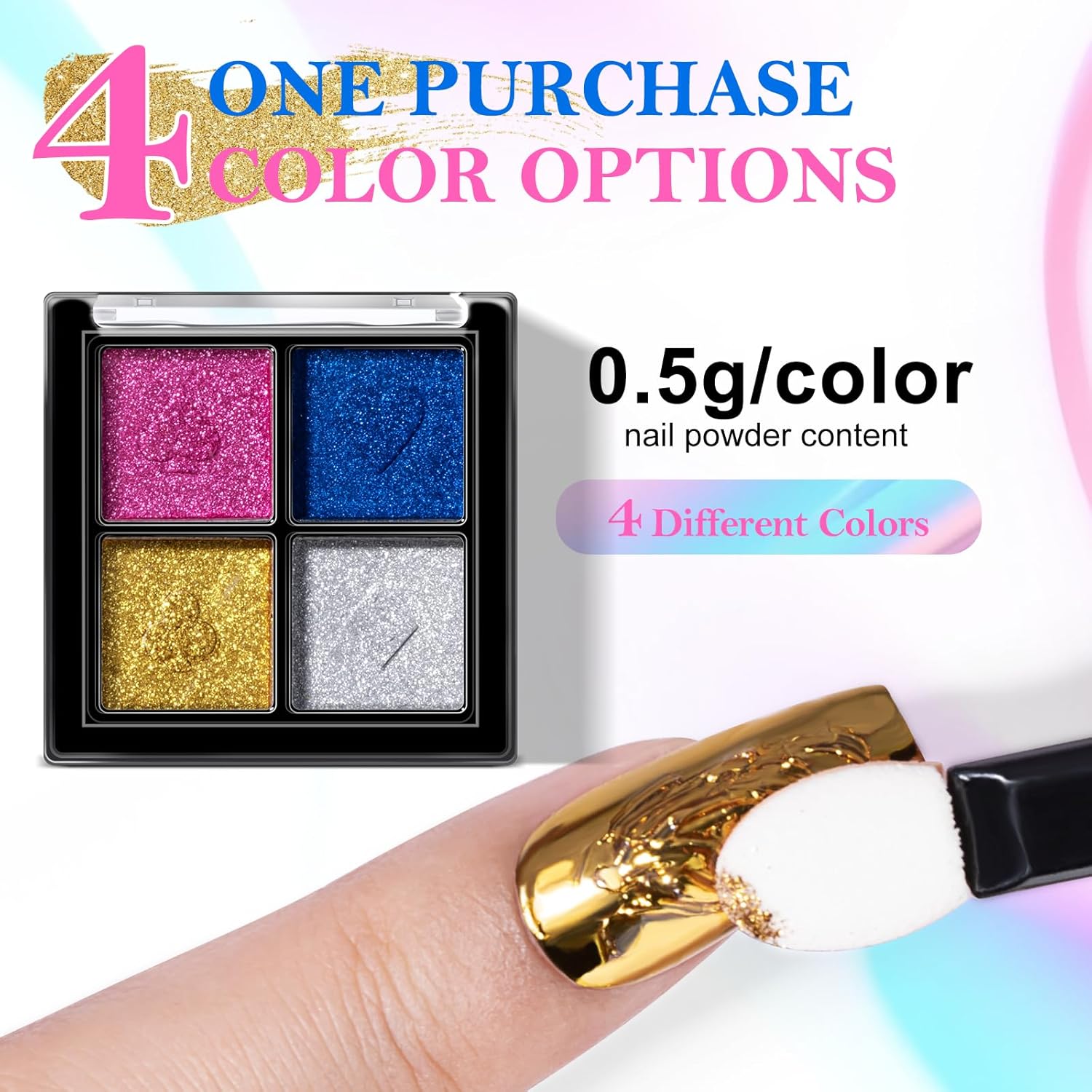 NXJ INFILILA Gold Silver Chrome Nail Powder, 4 Classic Colors Mirror Effect - Gold, Silver, Pink, Blue, Metallic Magnetic Glitter Polish Powder Pallete for Gel Nails, DIY Manicure Art Supplies Kit