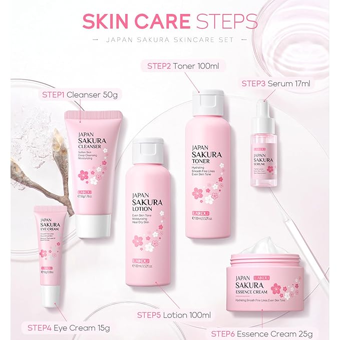 6 Pcs Skin Care Sets JAPAN SAKURA Women Beauty Gift Sets Sakura Skin Care Kit with Cleanser, Toner, Serum, Eye Cream, Lotion, Essence Cream Travel Kit for Women Teen Girls