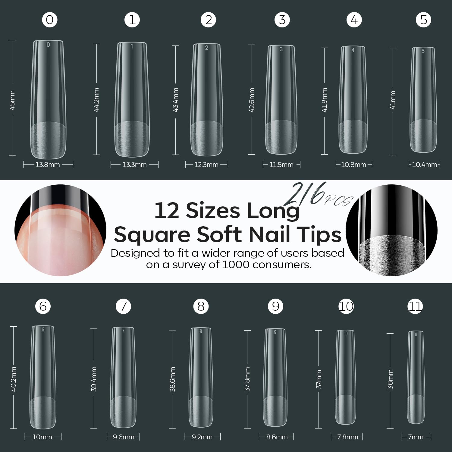 modelones XXL Long Square Nail Tips, Pre-shaped Soft Gel Tips Fake Nails False Acrylic Clear Full Cover Press on Extension Kit Gel Manicure DIY at Home 216PCS 12Sizes