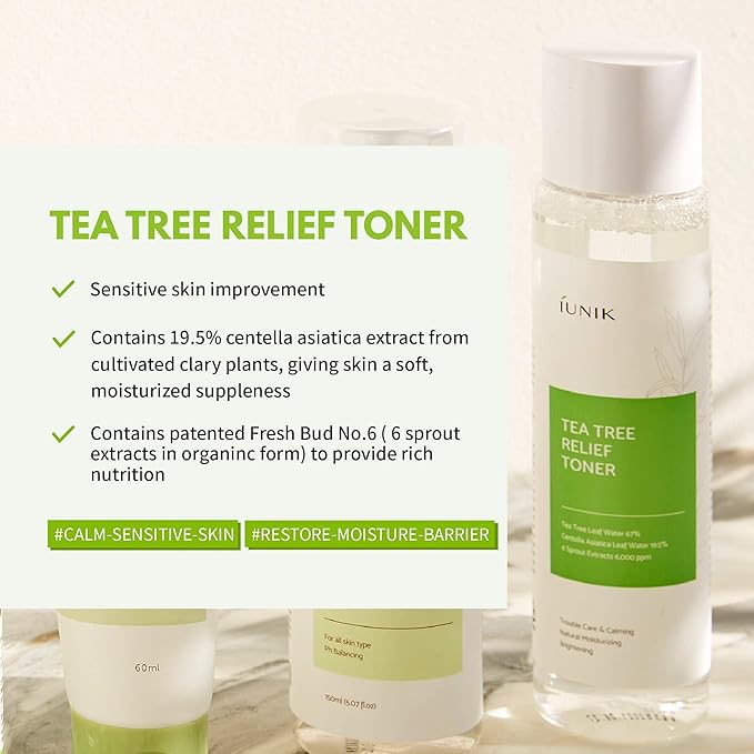 iUNIK Tea Tree Relief Face Toner 6.7 Fl Oz + Tea tree Relief Facial Serum 1.71 Fl Oz + Calendula Complete Deep Cleansing Oil, 6.7 Fl Oz –