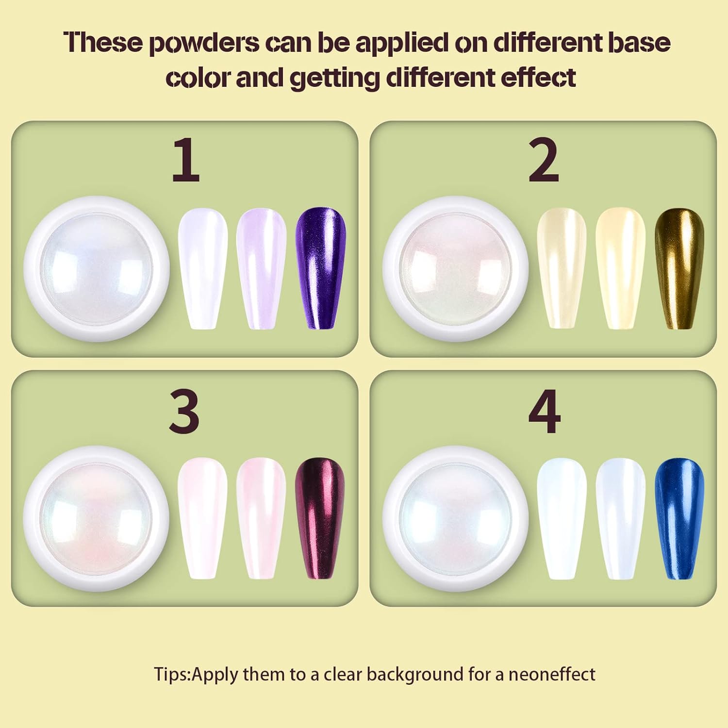 Artdone 4 Jars Chrome Nail Powder Metallic Mirror Effect Pigment Chrome Iridescent Aurora Nail Glitter Mermaid White Pearl Glitter Dust Kit for Gel Polish Nail Art Decoration, Resin Craft