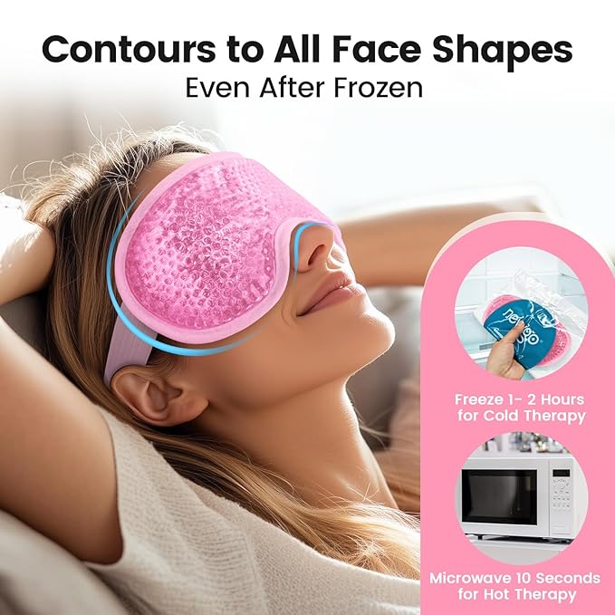 NEWGO Cooling Gel Cold Eye Mask for Puffy Eyes, Reusable Ice Pack with Soft Plush Backing for Dark Circles, Migraine, Stress Relief - Pink